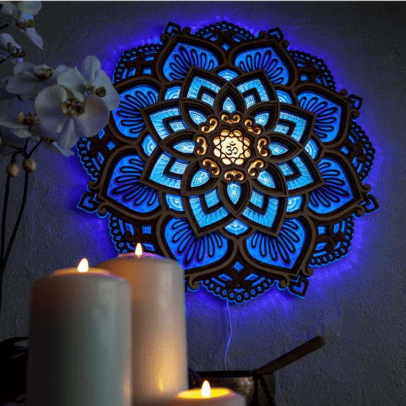 1pc Mandala Wooden Decorative Lamp Yoga Room LED Night Light Multilayered Laser Cut Carved Light Wall Decor For Home Living Room Bedroom Ornament - Renee Lane Company