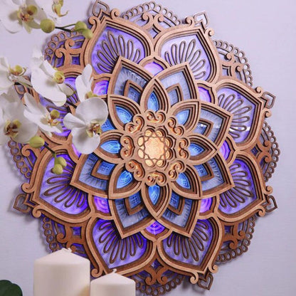 1pc Mandala Wooden Decorative Lamp Yoga Room LED Night Light Multilayered Laser Cut Carved Light Wall Decor For Home Living Room Bedroom Ornament - Renee Lane Company