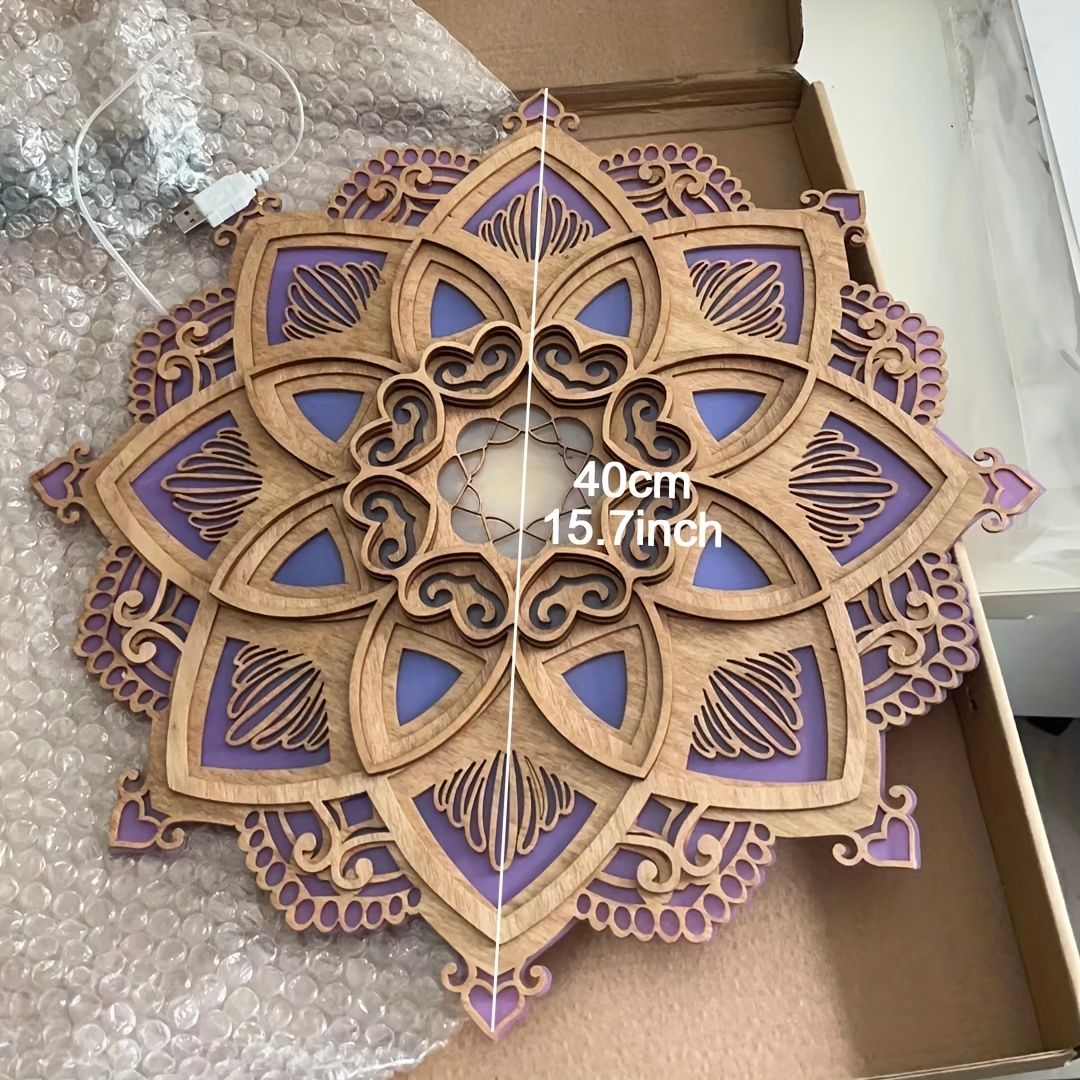 1pc Mandala Wooden Decorative Lamp Yoga Room LED Night Light Multilayered Laser Cut Carved Light Wall Decor For Home Living Room Bedroom Ornament - Renee Lane Company