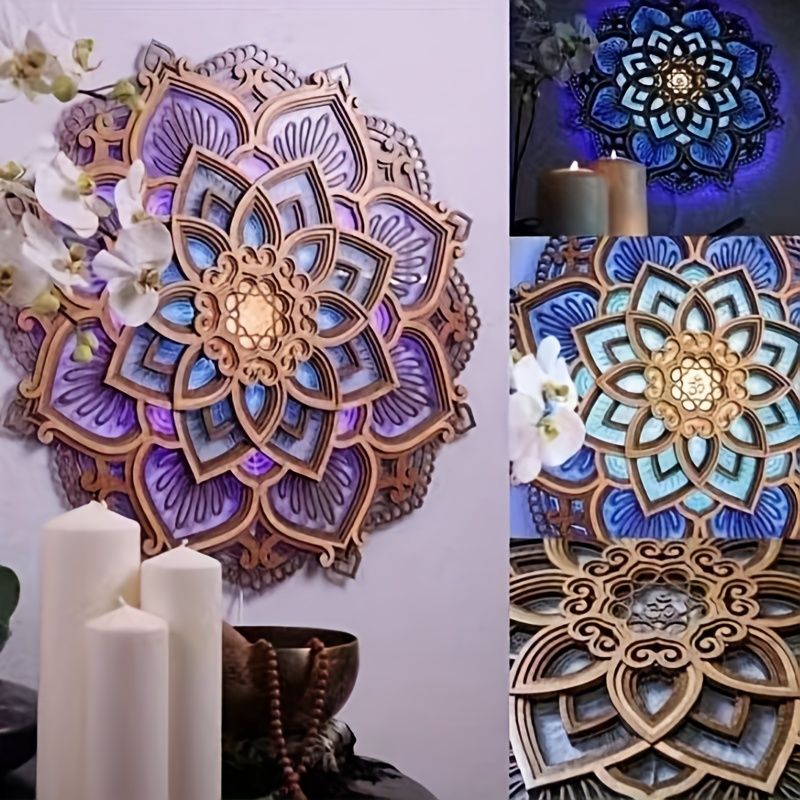 1pc Mandala Wooden Decorative Lamp Yoga Room LED Night Light Multilayered Laser Cut Carved Light Wall Decor For Home Living Room Bedroom Ornament - Renee Lane Company