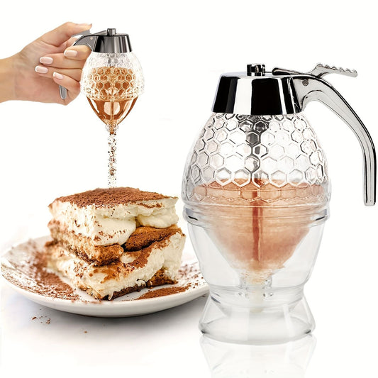 1pc Maple Syrup Dispenser - No Drip Honey Comb Shaped Honey Pot with 8oz Capacity and Storage Stand - Renee Lane Company