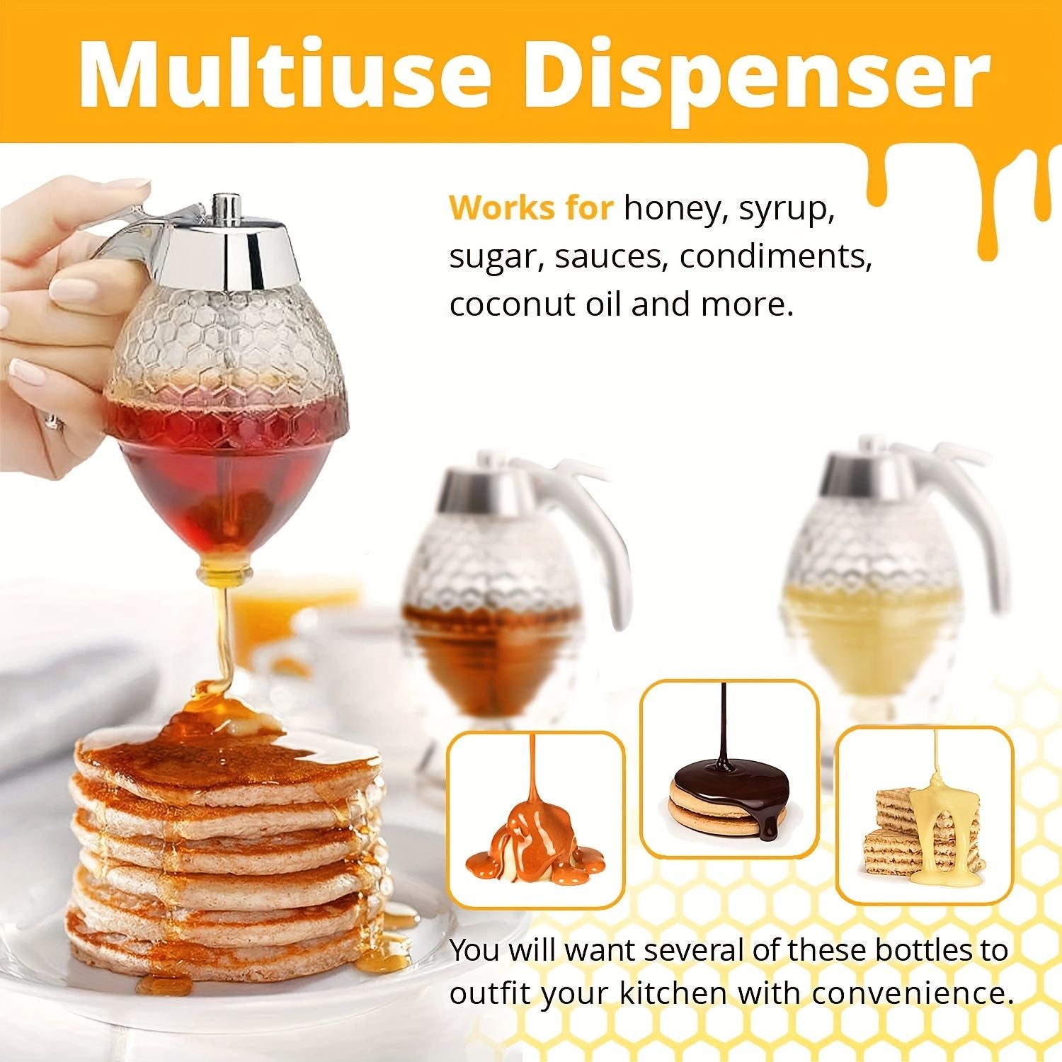 1pc Maple Syrup Dispenser - No Drip Honey Comb Shaped Honey Pot with 8oz Capacity and Storage Stand - Renee Lane Company