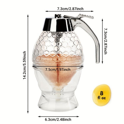 1pc Maple Syrup Dispenser - No Drip Honey Comb Shaped Honey Pot with 8oz Capacity and Storage Stand - Renee Lane Company