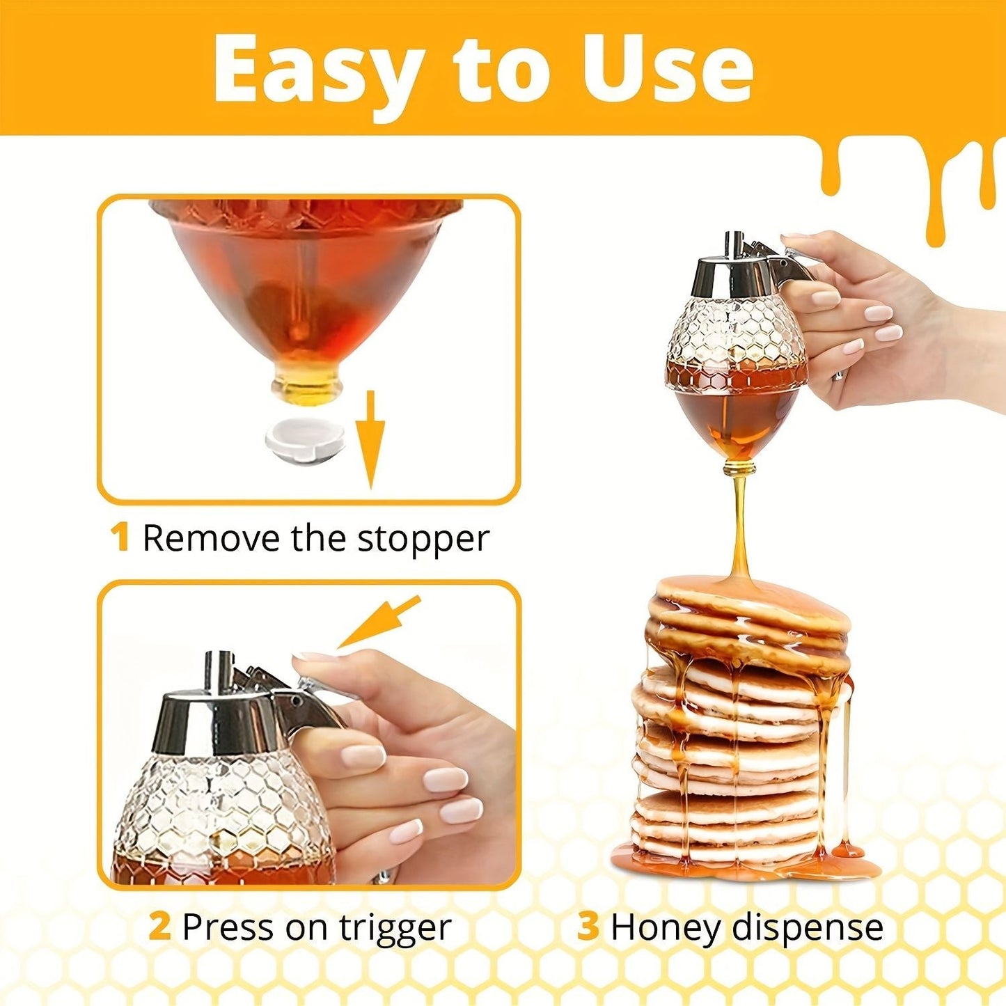 1pc Maple Syrup Dispenser - No Drip Honey Comb Shaped Honey Pot with 8oz Capacity and Storage Stand - Renee Lane Company