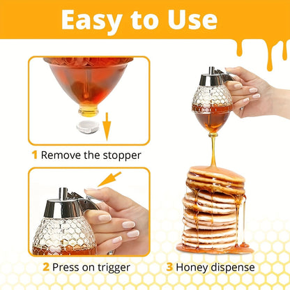 1pc Maple Syrup Dispenser - No Drip Honey Comb Shaped Honey Pot with 8oz Capacity and Storage Stand - Renee Lane Company