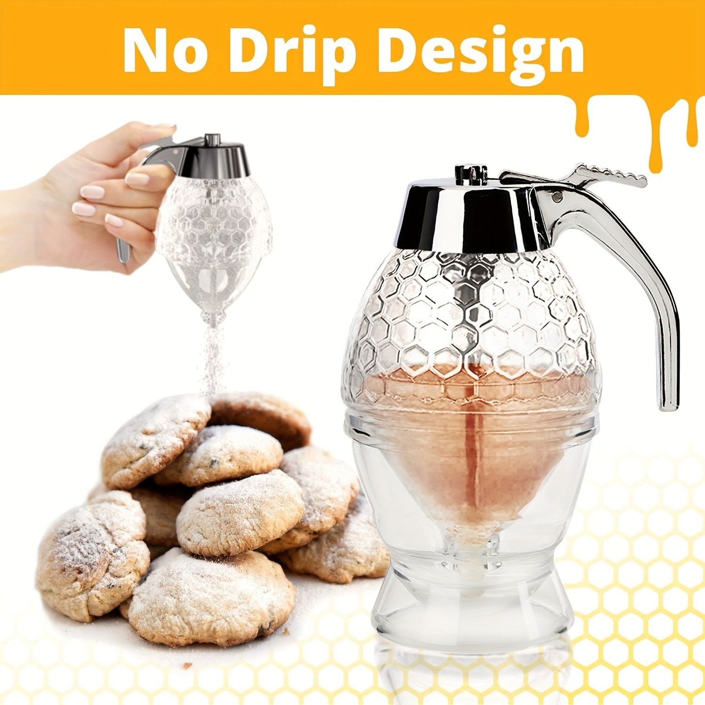 1pc Maple Syrup Dispenser - No Drip Honey Comb Shaped Honey Pot with 8oz Capacity and Storage Stand - Renee Lane Company