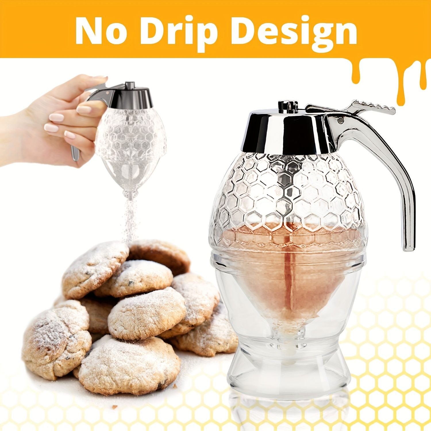 1pc Maple Syrup Dispenser - No Drip Honey Comb Shaped Honey Pot with 8oz Capacity and Storage Stand - Renee Lane Company