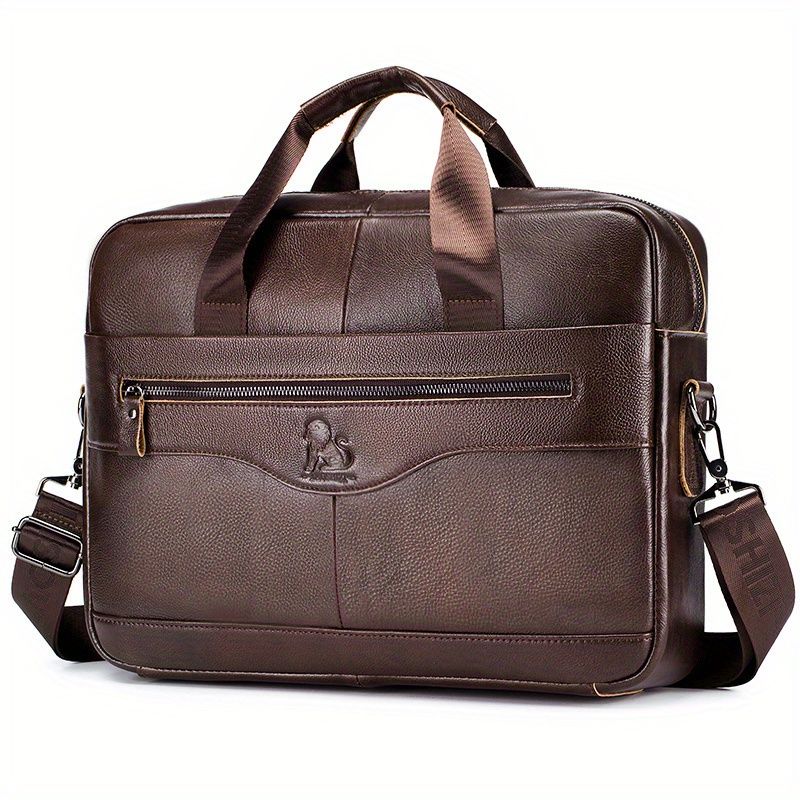 1pc Men's Briefcase, Genuine Leather Men's Bag, Official Bag, 15 Inch Computer Bag, Men's Portable Shoulder Business Bag - Renee Lane Company