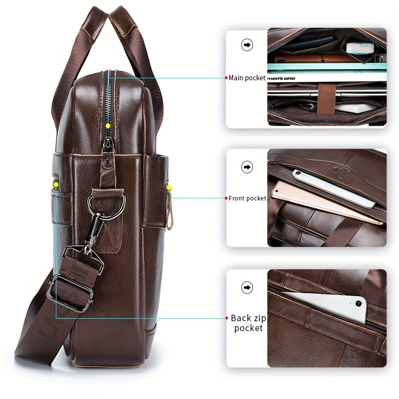 1pc Men's Briefcase, Genuine Leather Men's Bag, Official Bag, 15 Inch Computer Bag, Men's Portable Shoulder Business Bag - Renee Lane Company