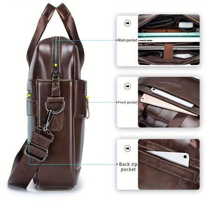 1pc Men's Briefcase, Genuine Leather Men's Bag, Official Bag, 15 Inch Computer Bag, Men's Portable Shoulder Business Bag - Renee Lane Company