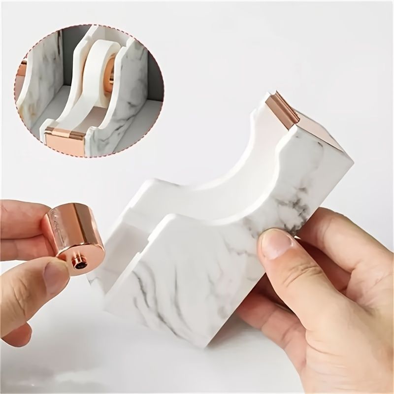 1pc Office Supplies 1-inch Rose Gold Core Heavy Duty Nonslip Tape Cutter Adhesive Marble Texture Tape Dispenser Desk - Renee Lane Company