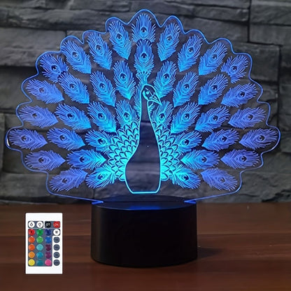 1pc Peacock 3D Illusion Lamps Nightlight With Remote Control, 16 Colors Touch Switch Table Desk Lamps Holiday Xmas Birthday Toys Gifts For Baby Nursery Toddler - Renee Lane Company