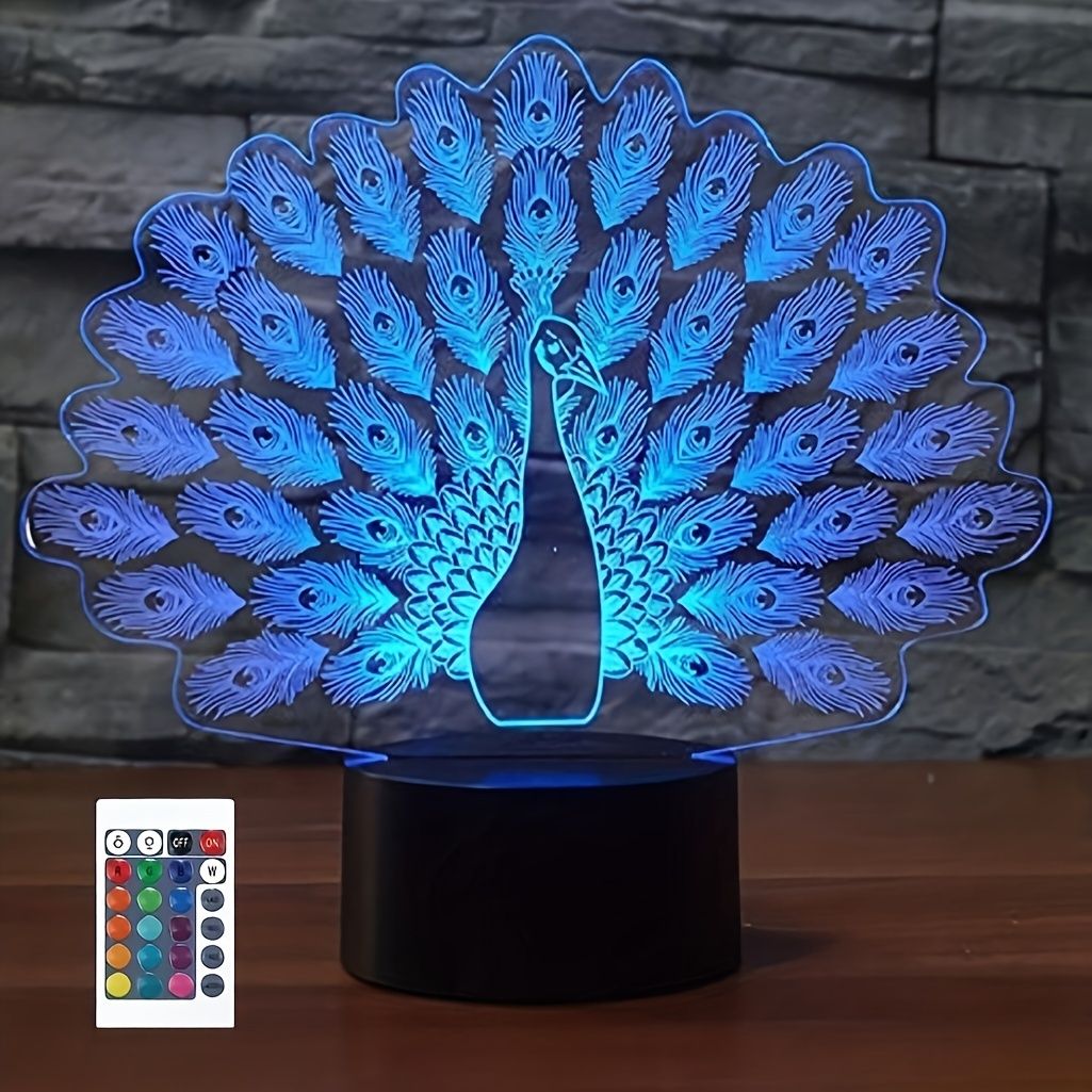 1pc Peacock 3D Illusion Lamps Nightlight With Remote Control, 16 Colors Touch Switch Table Desk Lamps Holiday Xmas Birthday Toys Gifts For Baby Nursery Toddler - Renee Lane Company