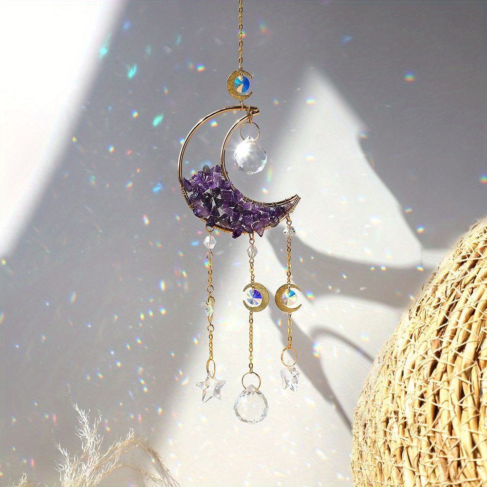 1pc Rainbow Maker Sun Catcher - Indoor/Outdoor Window Prism Moon Mini Dream Catcher with Crystals and Healing Stones - Garden Tree Decorations - Renee Lane Company