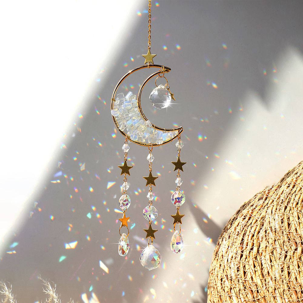 1pc Rainbow Maker Sun Catcher - Indoor/Outdoor Window Prism Moon Mini Dream Catcher with Crystals and Healing Stones - Garden Tree Decorations - Renee Lane Company