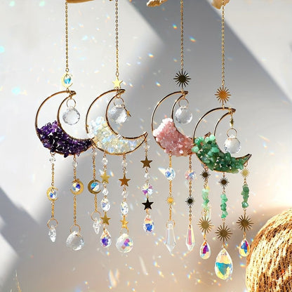 1pc Rainbow Maker Sun Catcher - Indoor/Outdoor Window Prism Moon Mini Dream Catcher with Crystals and Healing Stones - Garden Tree Decorations - Renee Lane Company