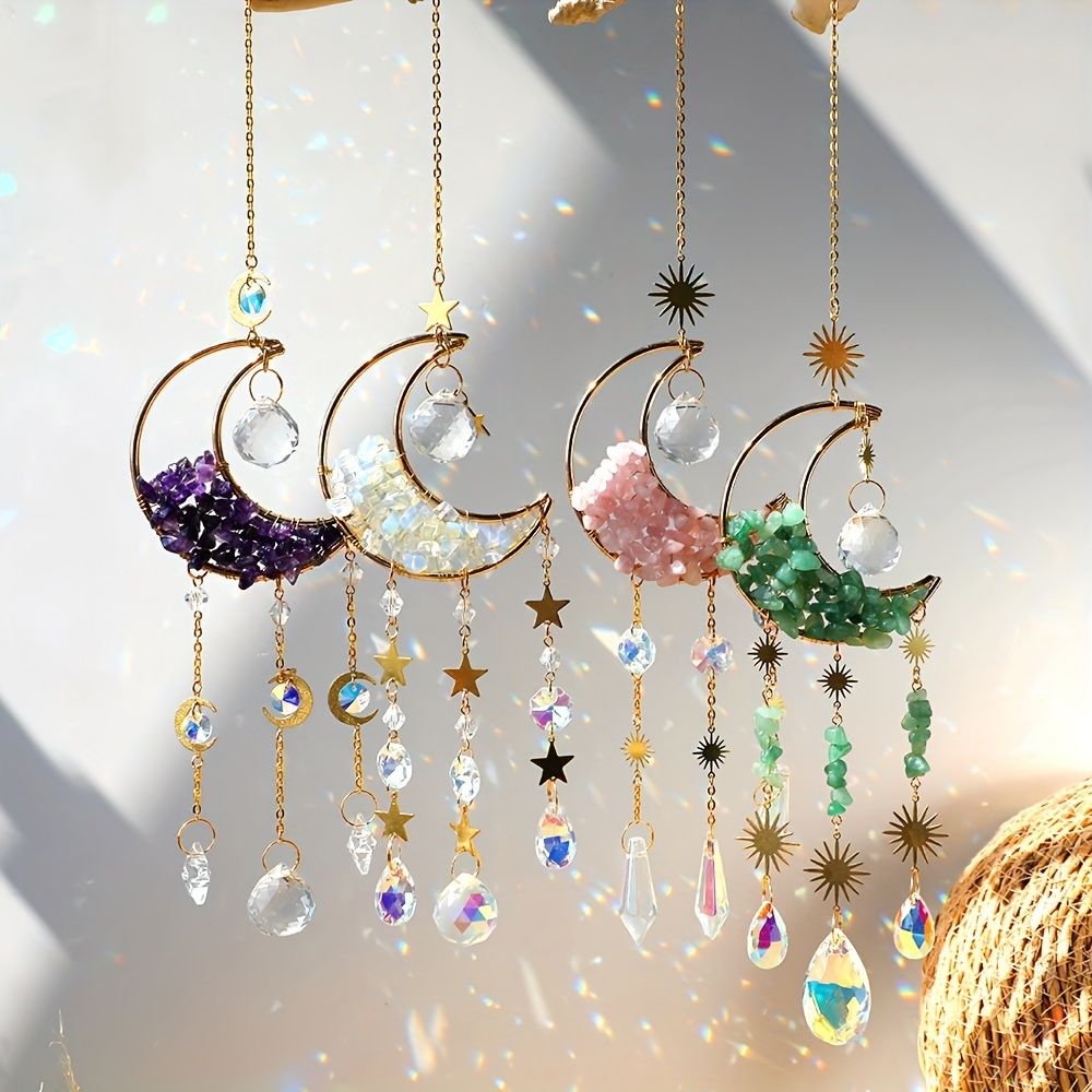 1pc Rainbow Maker Sun Catcher - Indoor/Outdoor Window Prism Moon Mini Dream Catcher with Crystals and Healing Stones - Garden Tree Decorations - Renee Lane Company