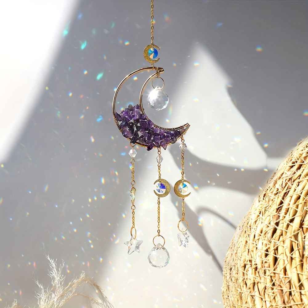 1pc Rainbow Maker Sun Catcher - Indoor/Outdoor Window Prism Moon Mini Dream Catcher with Crystals and Healing Stones - Garden Tree Decorations - Renee Lane Company