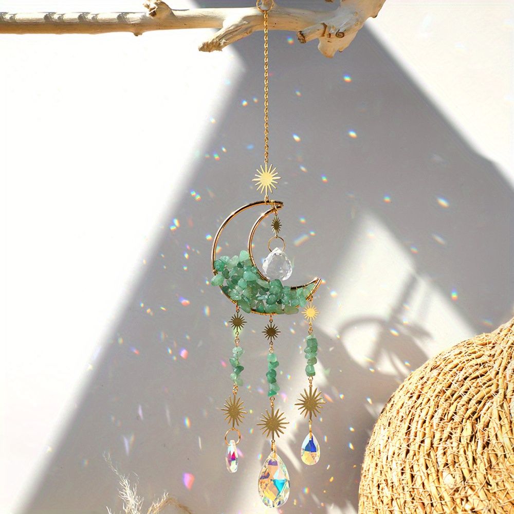 1pc Rainbow Maker Sun Catcher - Indoor/Outdoor Window Prism Moon Mini Dream Catcher with Crystals and Healing Stones - Garden Tree Decorations - Renee Lane Company