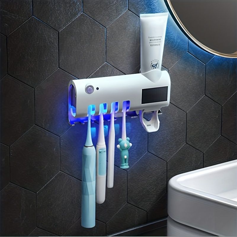 1pc Smart Toothbrush Sanitizer, Free Punching Wall Mounted Toothbrush Holder, Automatic Squeeze Toothpaste Device - Renee Lane Company