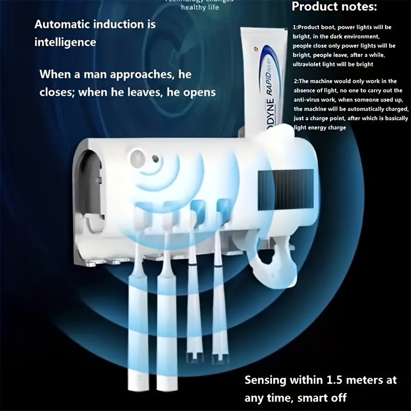1pc Smart Toothbrush Sanitizer, Free Punching Wall Mounted Toothbrush Holder, Automatic Squeeze Toothpaste Device - Renee Lane Company