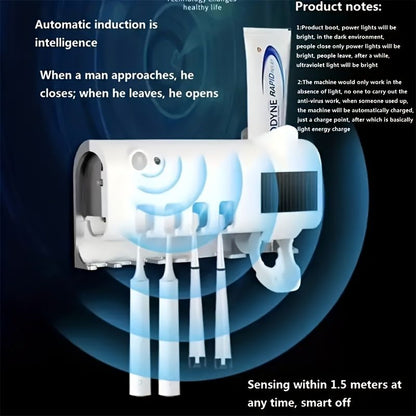 1pc Smart Toothbrush Sanitizer, Free Punching Wall Mounted Toothbrush Holder, Automatic Squeeze Toothpaste Device - Renee Lane Company