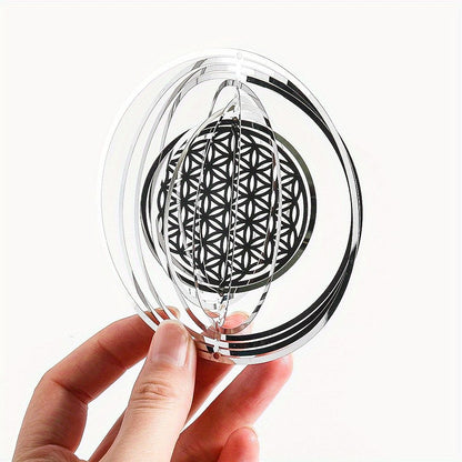 1pc Stainless Steel Flower Of Life Wind Spinner Laser Hollow 3D Rotating Wind Chimes Garden Hanging Reflective Bird Repeller Pendant - Renee Lane Company