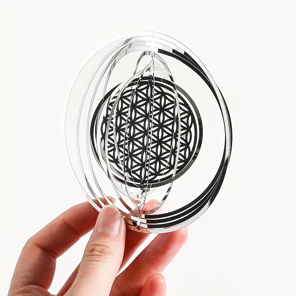 1pc Stainless Steel Flower Of Life Wind Spinner Laser Hollow 3D Rotating Wind Chimes Garden Hanging Reflective Bird Repeller Pendant - Renee Lane Company