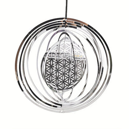 1pc Stainless Steel Flower Of Life Wind Spinner Laser Hollow 3D Rotating Wind Chimes Garden Hanging Reflective Bird Repeller Pendant - Renee Lane Company