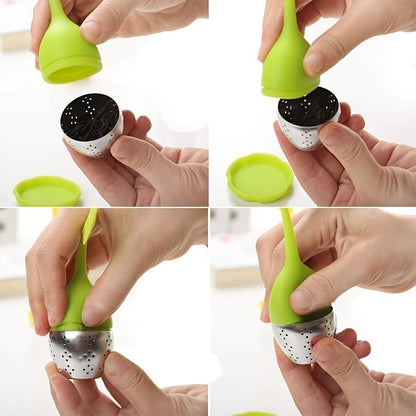 1pc Tea Infuser Silicone Handle Stainless Steel Strainer Drip Tray Included - Loose Tea Steeper - Best Tea Infuser For Loose Leaf Or Herbal Tea - Renee Lane Company