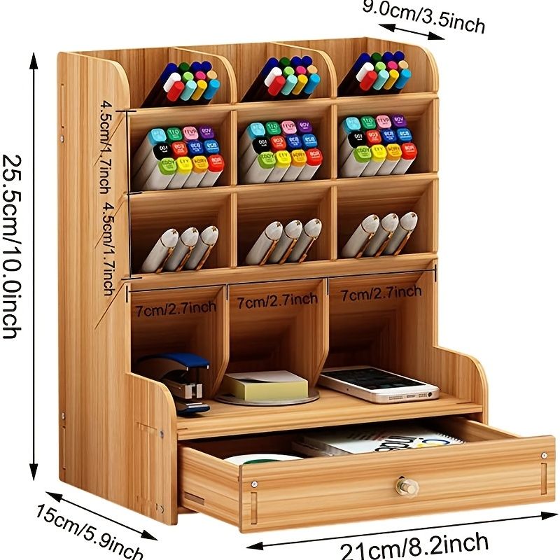 1pc Wooden Desk Organizer, Multi-Functional DIY Pen Holder, Pen Organizer For Desk, Desktop Stationary, Easy Assembly, Home Office Art Supplies Organizer Storage With Drawer - Renee Lane Company