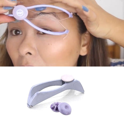 Facial hair remover tool held near eyebrow area with circular head attachment