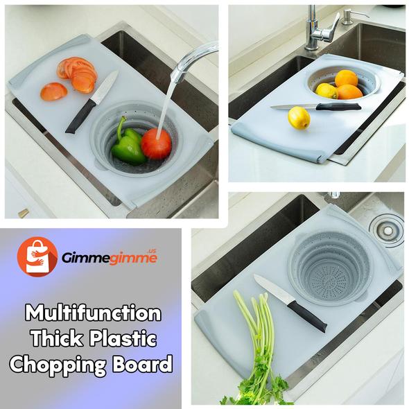 Light blue plastic chopping board with built-in round draining basin