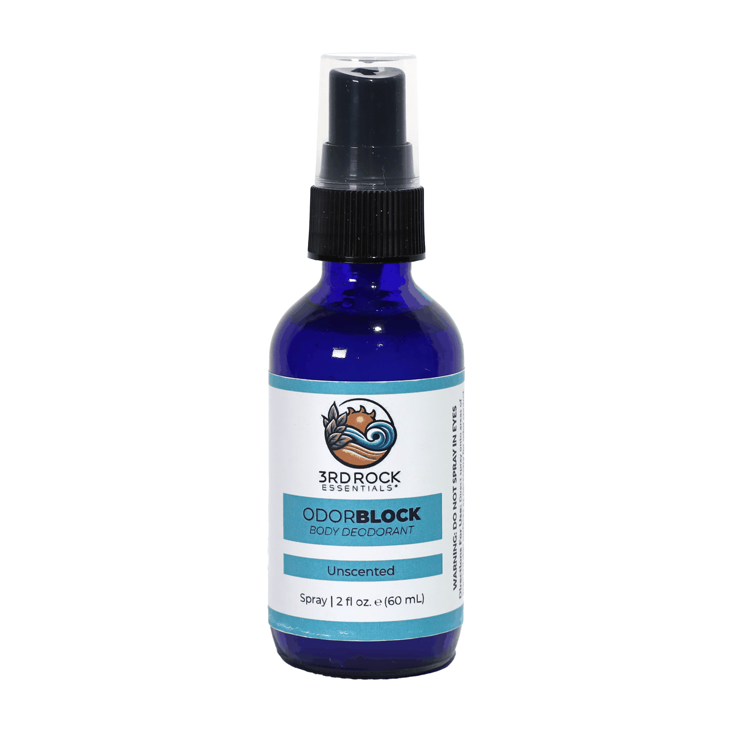 Unscented body deodorant spray bottle with blue glass and black mist cap.