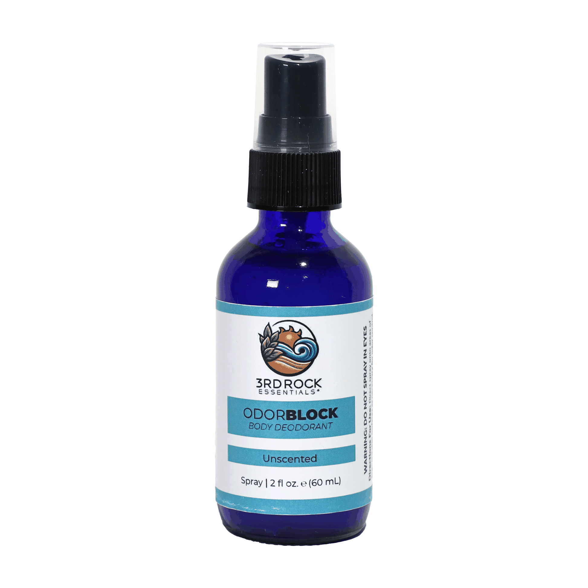 Unscented body deodorant spray bottle with blue glass and black mist cap.