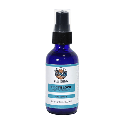 Unscented body deodorant spray bottle with blue glass and black mist cap.