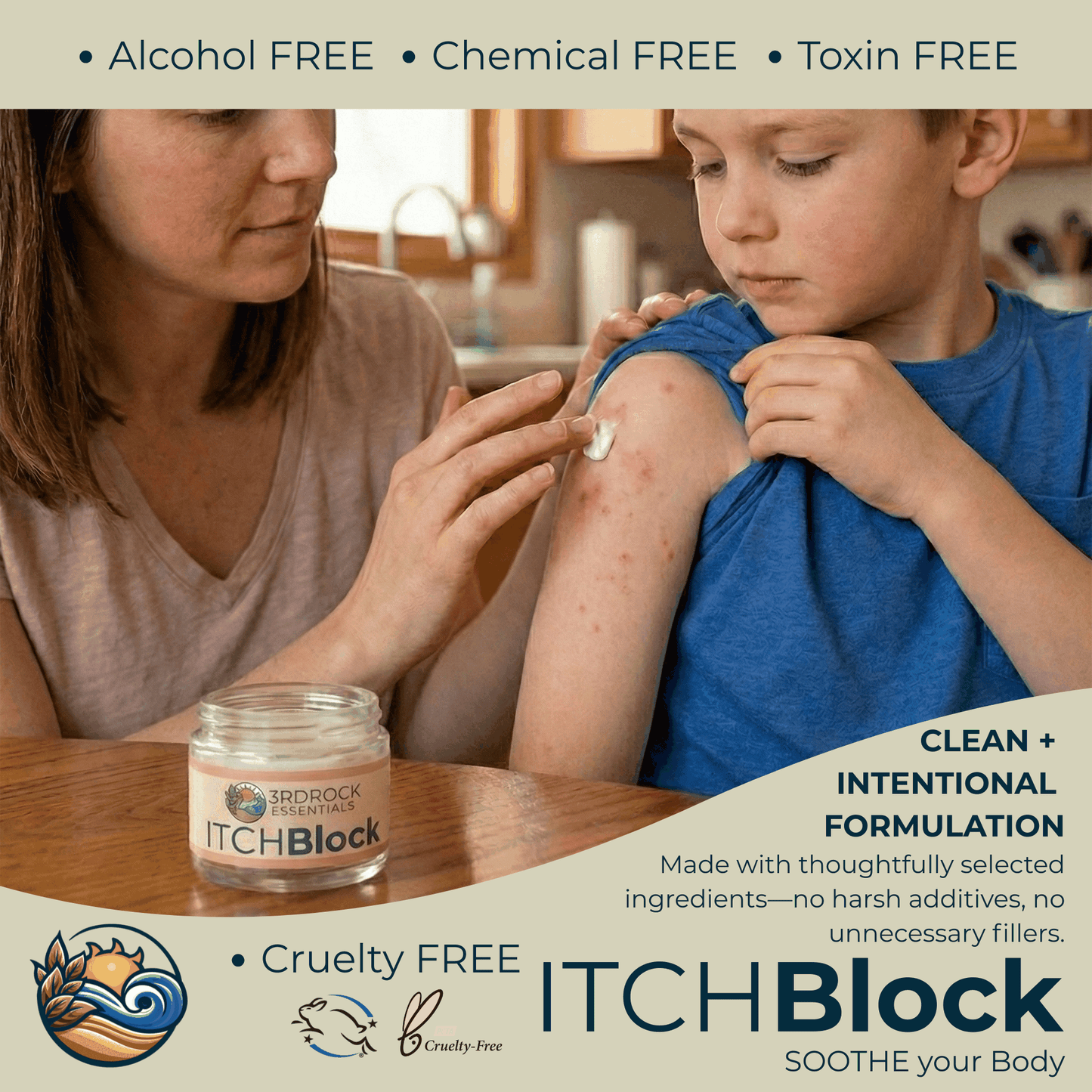 Soothing itch relief cream jar with caregiver applying cream to arm