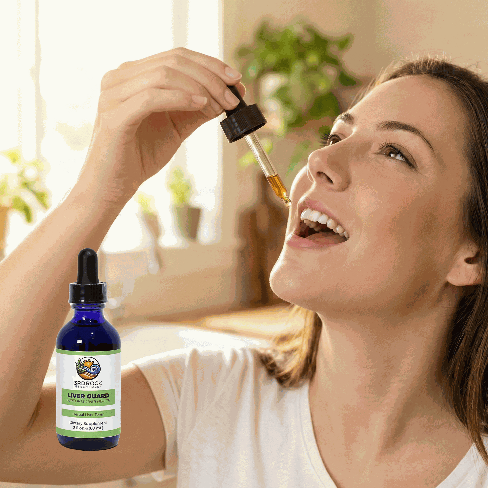 Liver Guard supplement bottle with dropper, amber oil being dispensed