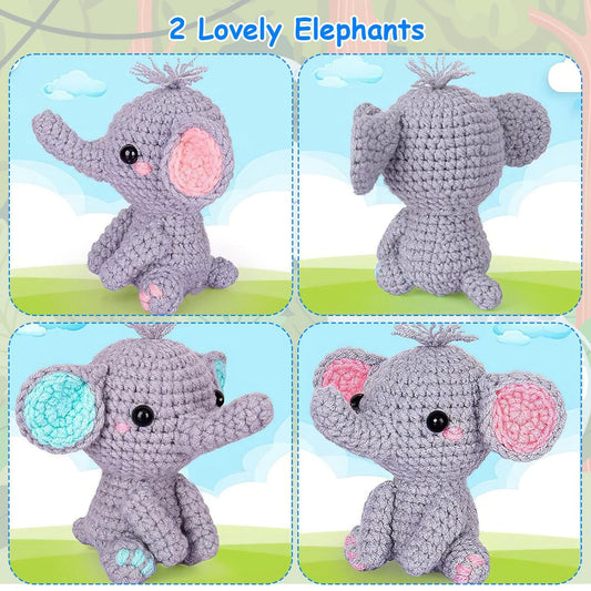 2 Lovely Elephants Crochet Kit Crochet Kit for Beginners DIY Knitting Supplies for Kids Adults 2 Types of Elephants - Renee Lane Company