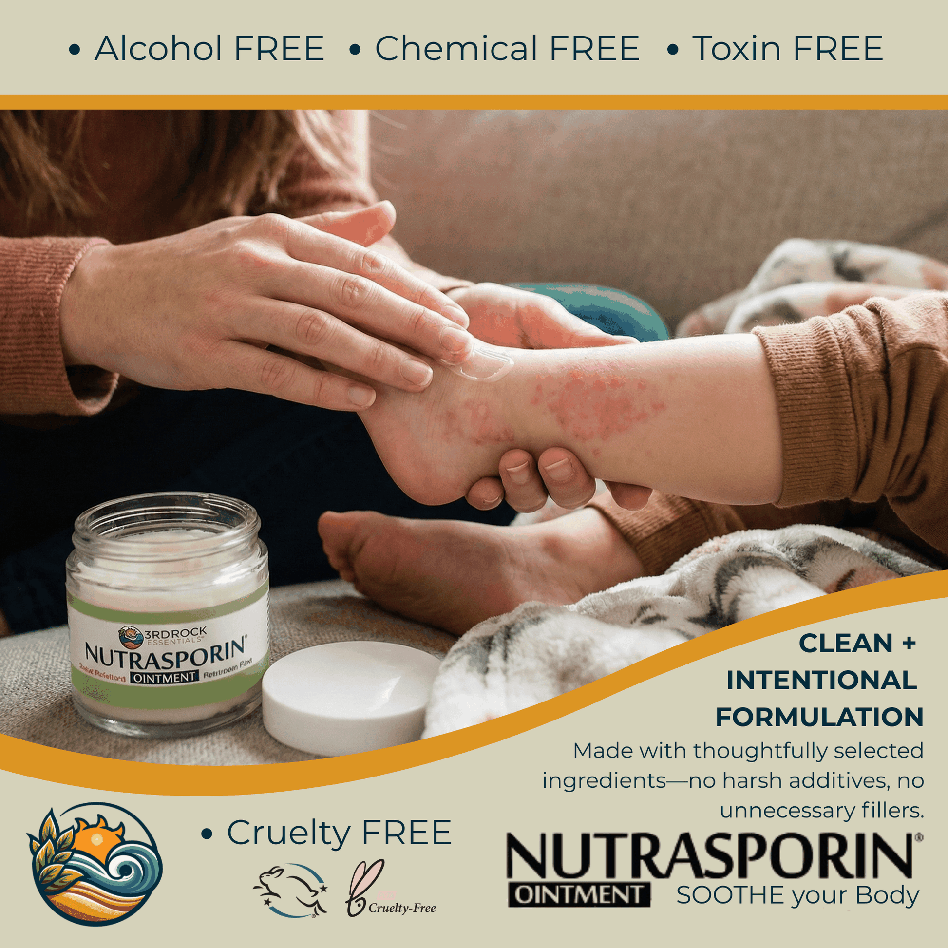 Nutrasporin ointment jar on table beside cap while hands apply ointment