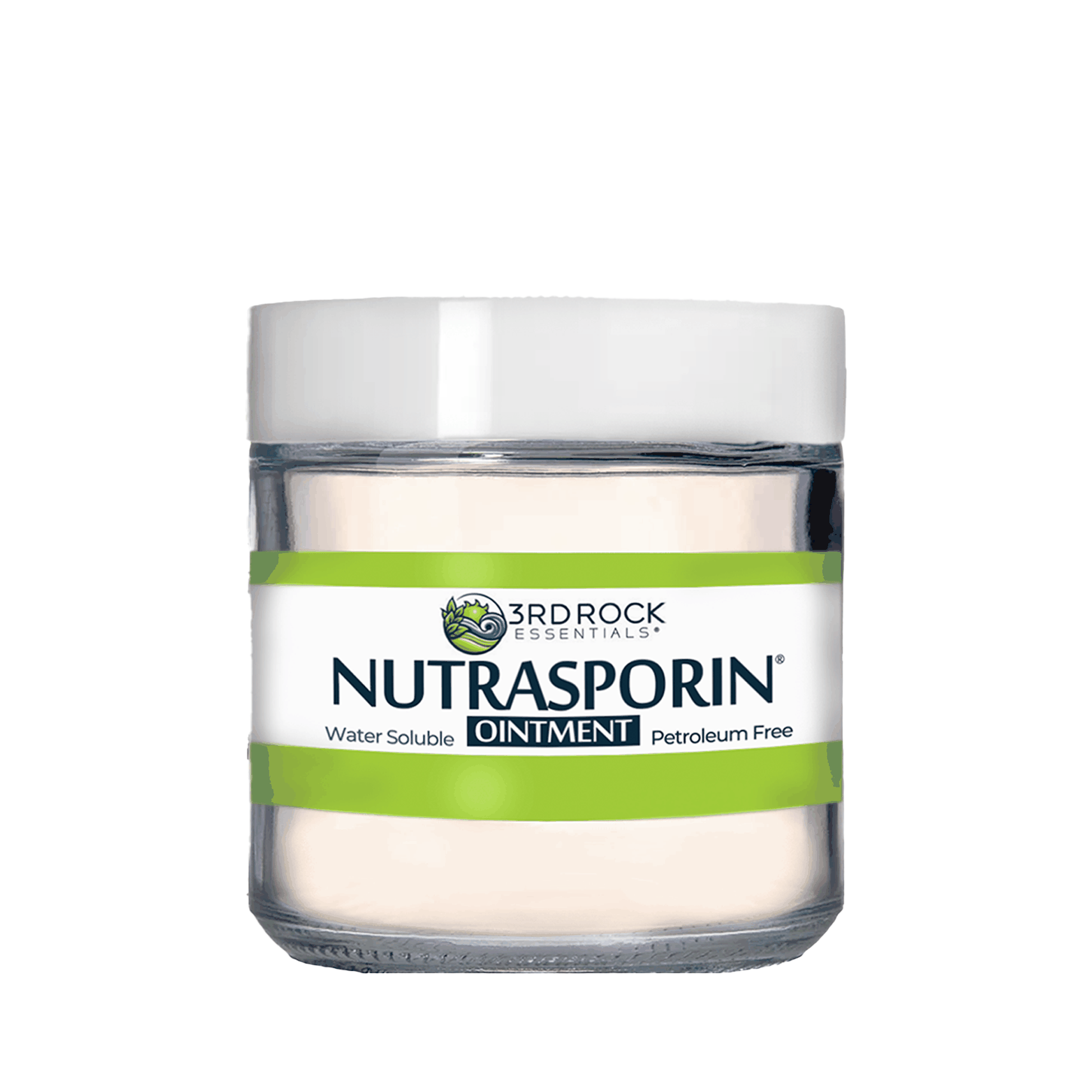 Nutrasporin ointment jar with white lid and green band, water soluble formula