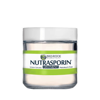 Nutrasporin ointment jar with white lid and green band, water soluble formula
