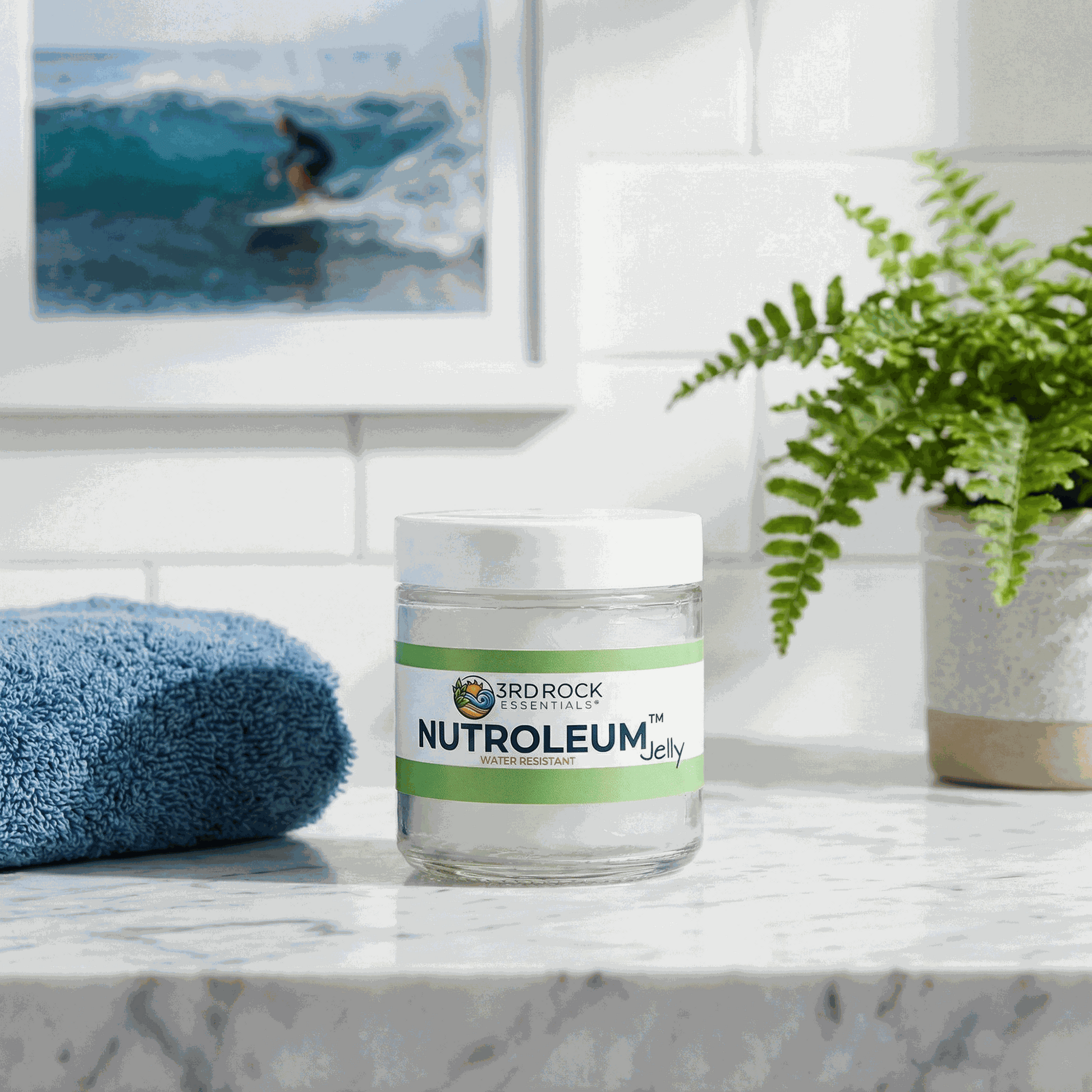 Skin balm jar with white lid and green label on countertop