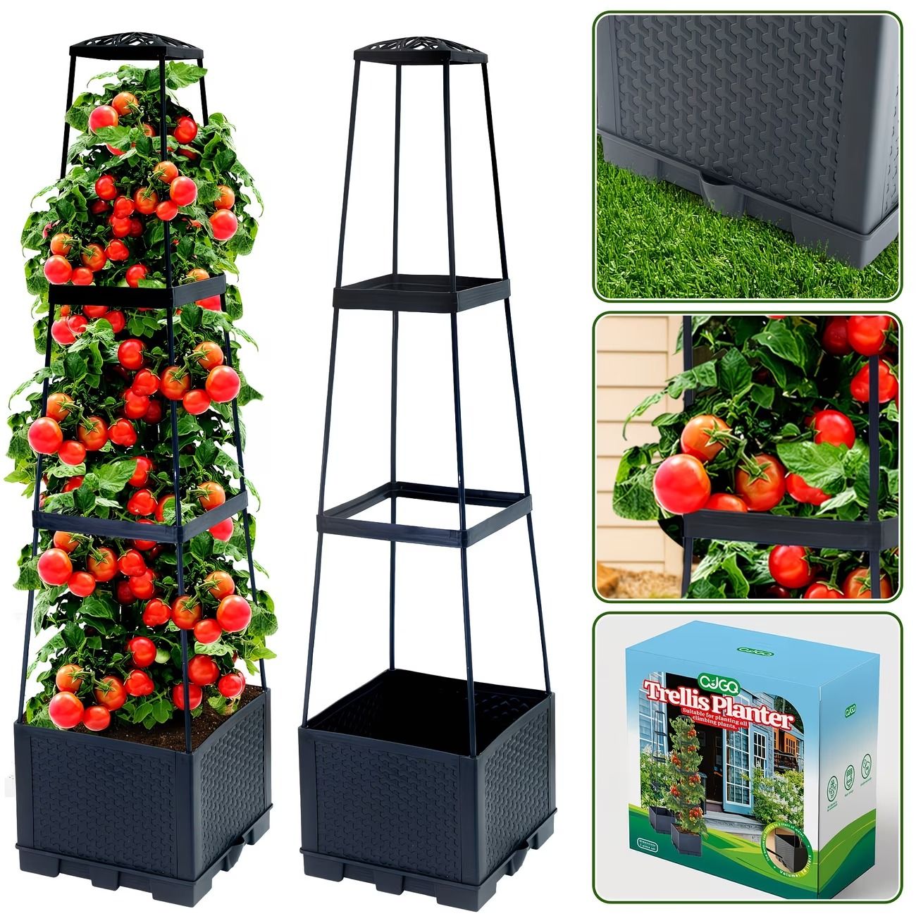 2-Pack 44.8" Self-Watering Tomato Planter with Trellis – Heavy-Duty Indoor & Outdoor Raised Garden Box, Built-in Trapezoid Climbing Grid for Tomatoes, Vegetables & Vining Plants - Renee Lane Company