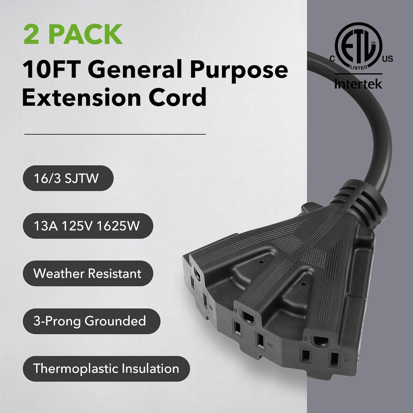 2 Pack Outdoor Extension Cord Set is Ideal for Holiday Yard Decorations and Garden Equipment. with Three outlets You can Plug in Loads up to a Total of 13amps/1625watts. (Black, 10ft) - Renee Lane Company