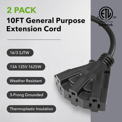 2 Pack Outdoor Extension Cord Set is Ideal for Holiday Yard Decorations and Garden Equipment. with Three outlets You can Plug in Loads up to a Total of 13amps/1625watts. (Black, 10ft) - Renee Lane Company