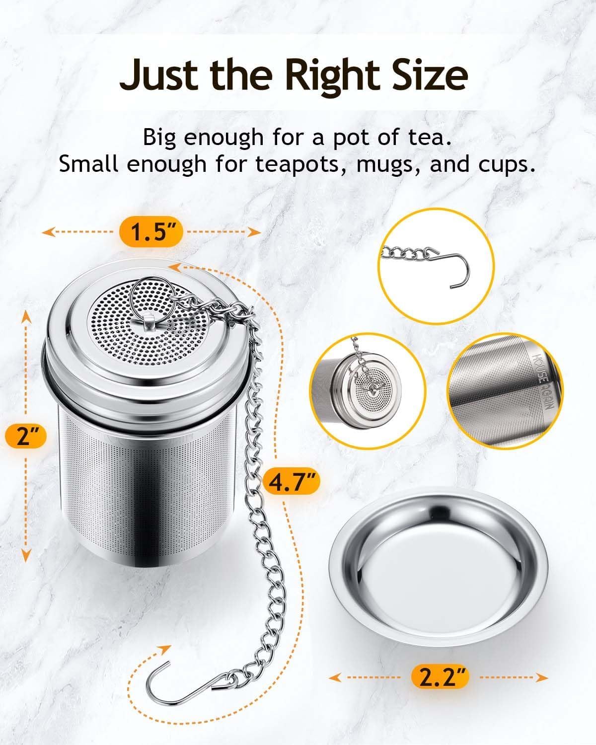 2 Pack Tea Infuser, Extra Fine Mesh Tea Infusers for Loose Tea, 18/8 Stainless Steel Tea Strainer with Extended Chain Hook, Tea Steeper for Brew Tea, Spices & Seasonings - Renee Lane Company
