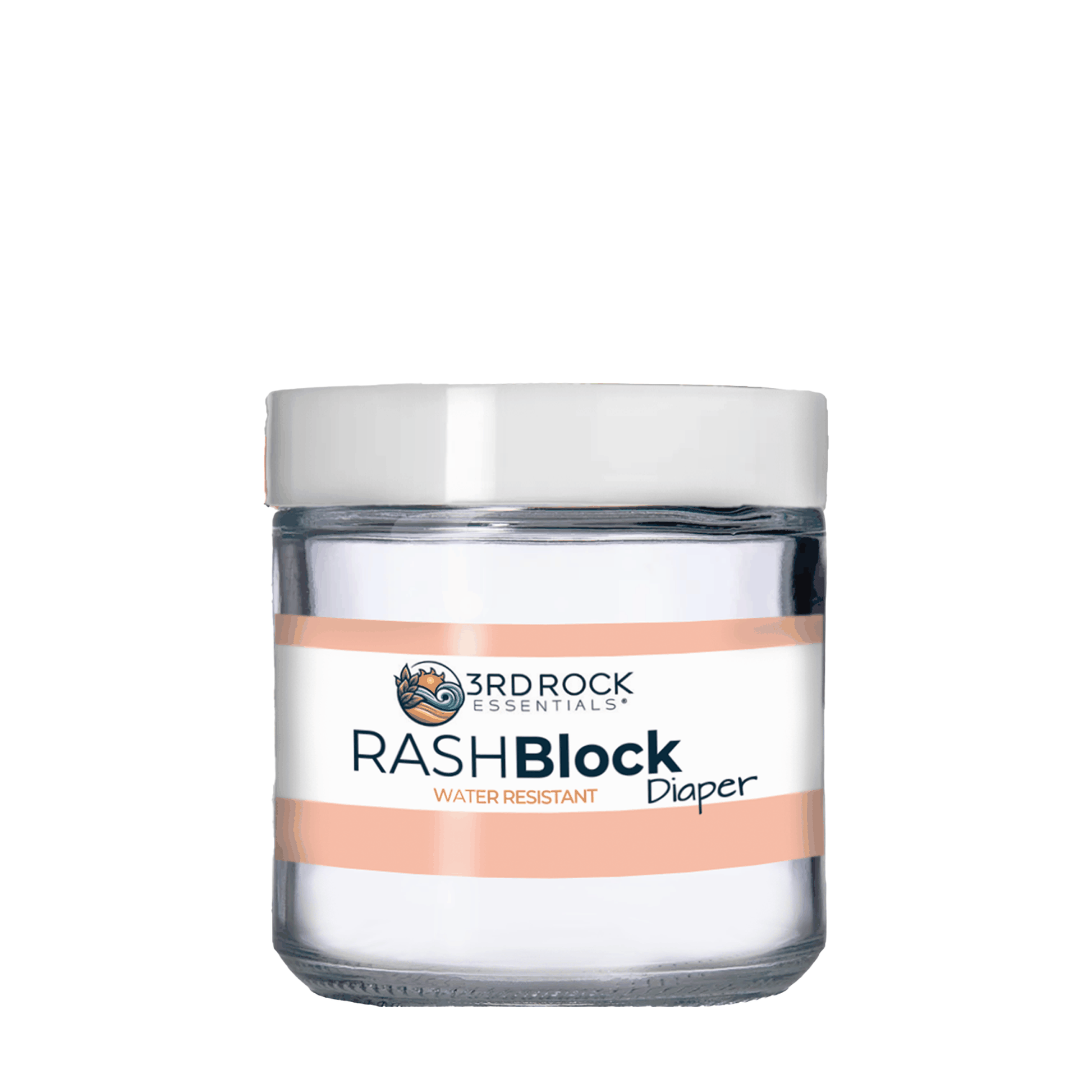 RASHBlock water-resistant diaper gel jar with silver lid and orange-striped label