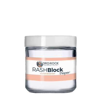 RASHBlock water-resistant diaper gel jar with silver lid and orange-striped label