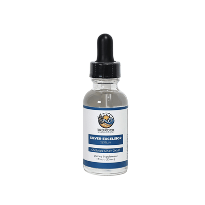 Silver serum supplement bottle with black dropper, alcohol-free